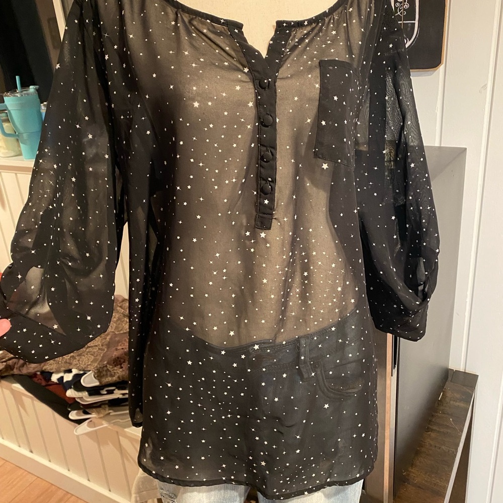 Blue Sheer Star Print Women's Top